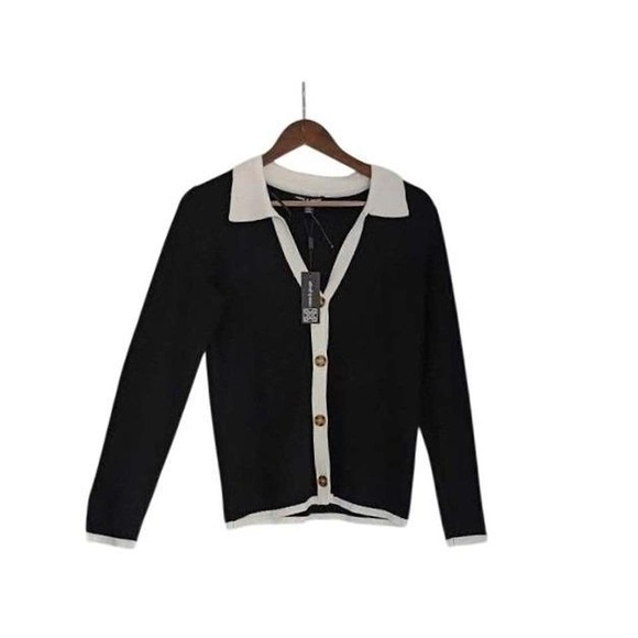 Cable & Gauge Sweaters - NWT Cable & Gauge Classic Black White Trim Collared Knit Cardigan Button Front M
